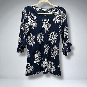 Escapada Blue & White Coral Print Flare Sleeve Top Sz‎ M